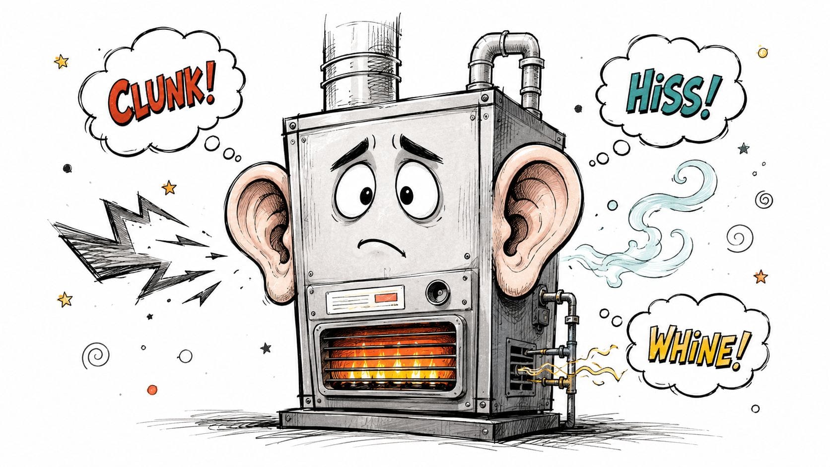 A cartoon illustration of a distressed gas furnace with human ears and loud sound effect text bubbles.