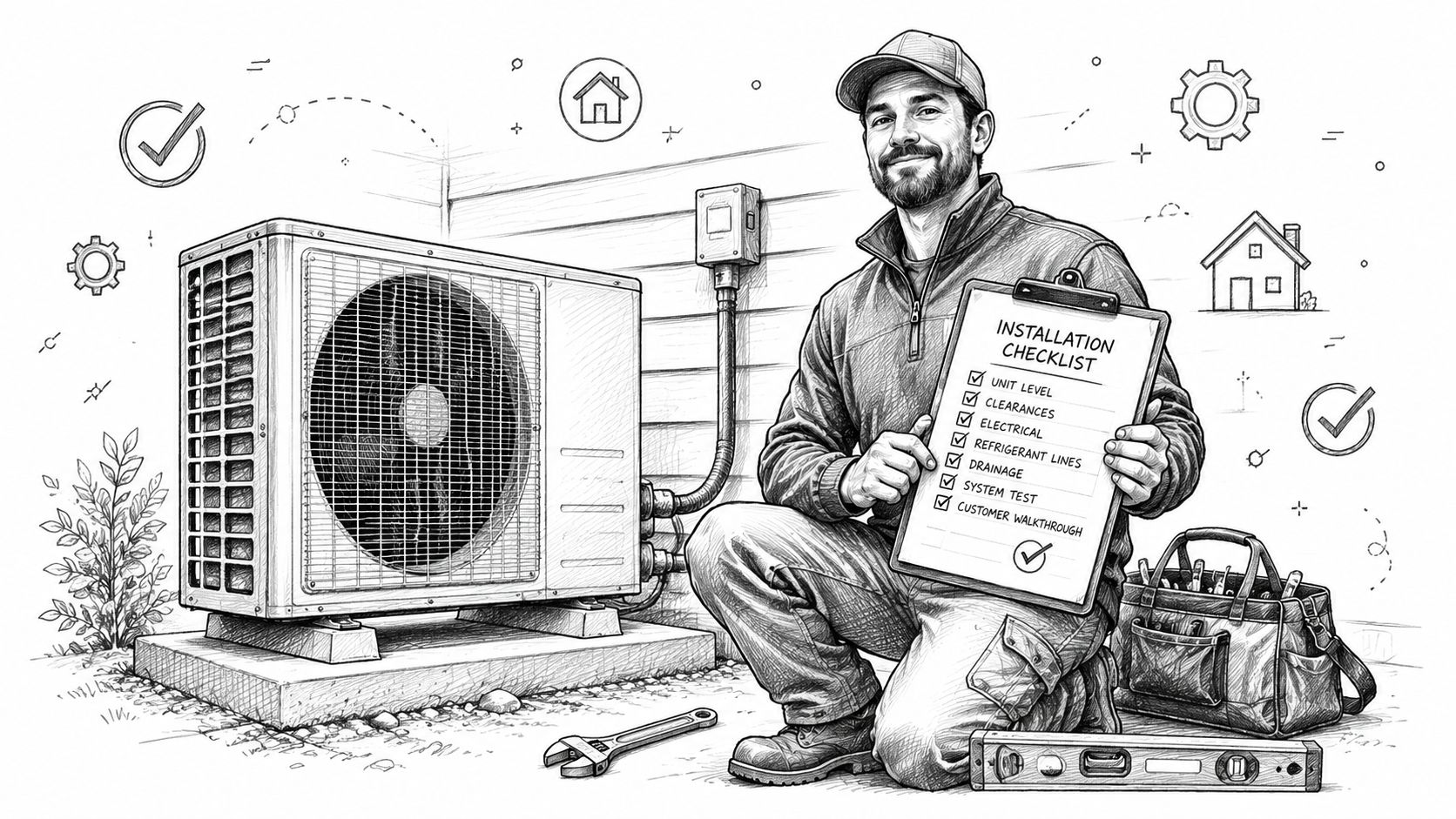 A professional technician checking an outdoor HVAC heat pump unit with an installation checklist in his hand.
