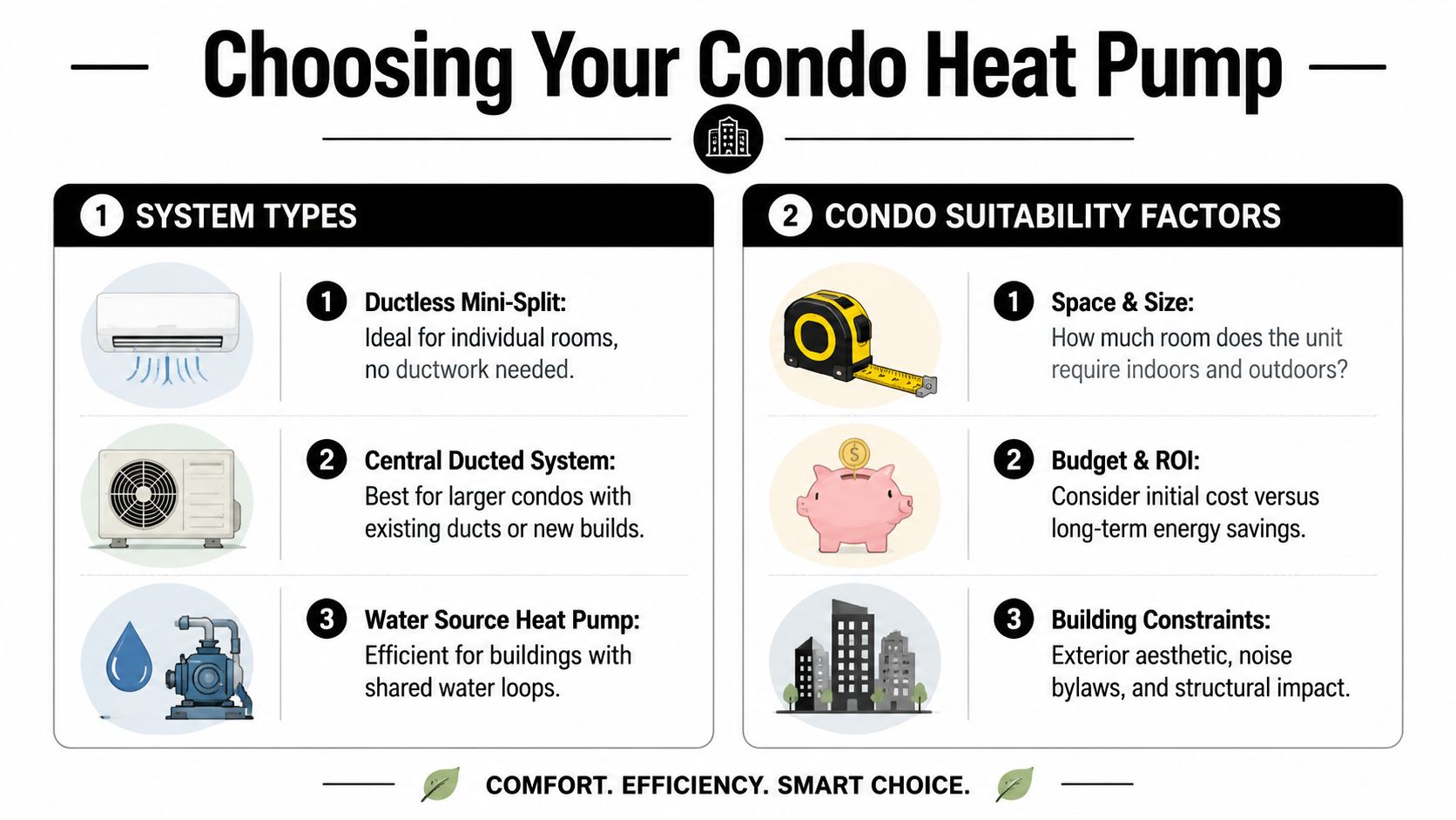 An infographic titled Choosing Your Condo Heat Pump, detailing system types and suitability factors for apartment installations.