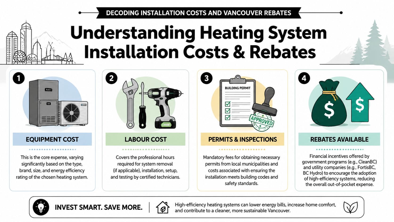 An infographic detailing the four key components of heating system installation costs and available financial rebates in Vancouver.