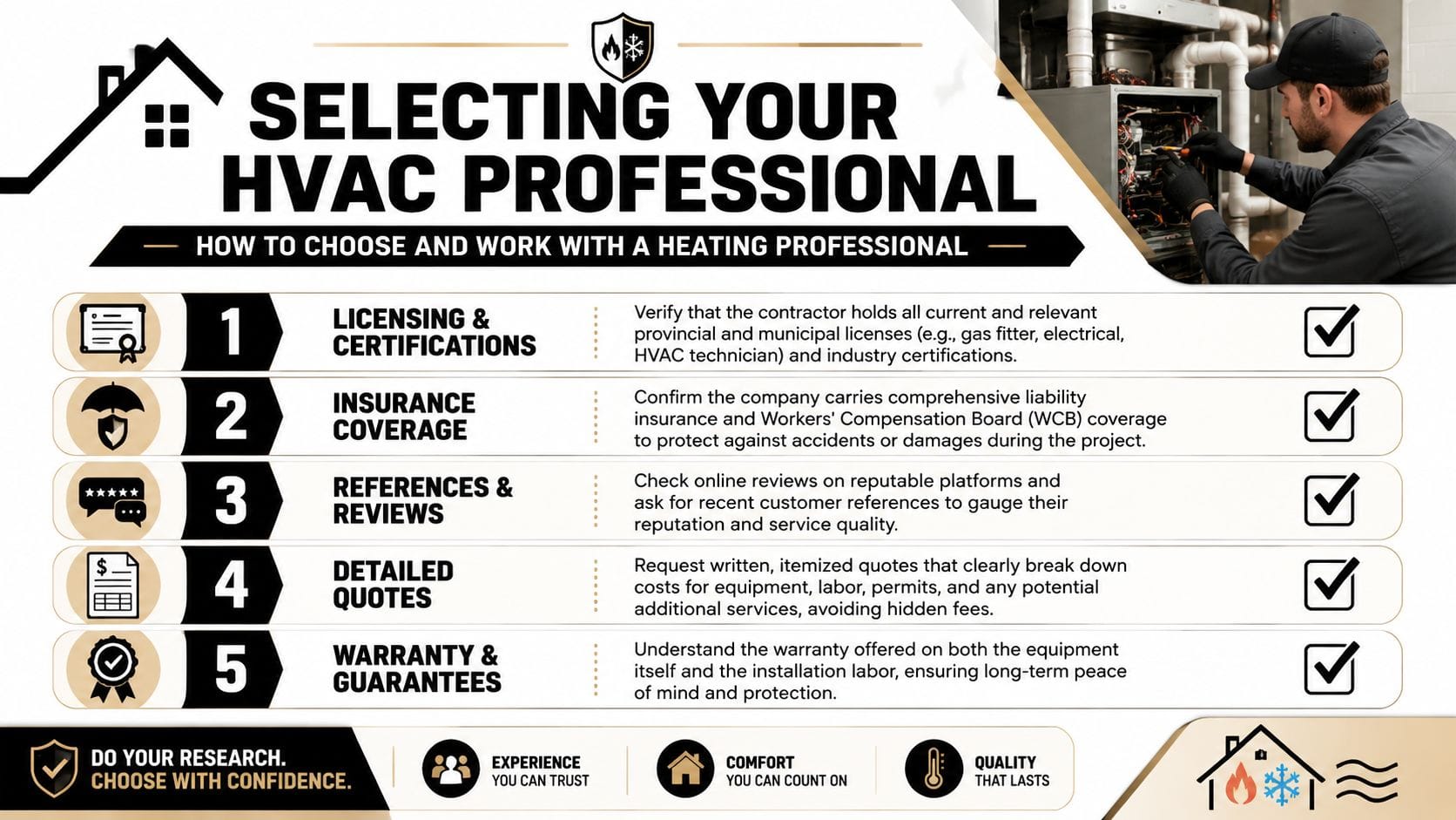 A professional infographic outlining five essential steps to consider when selecting an HVAC installation expert for your home.