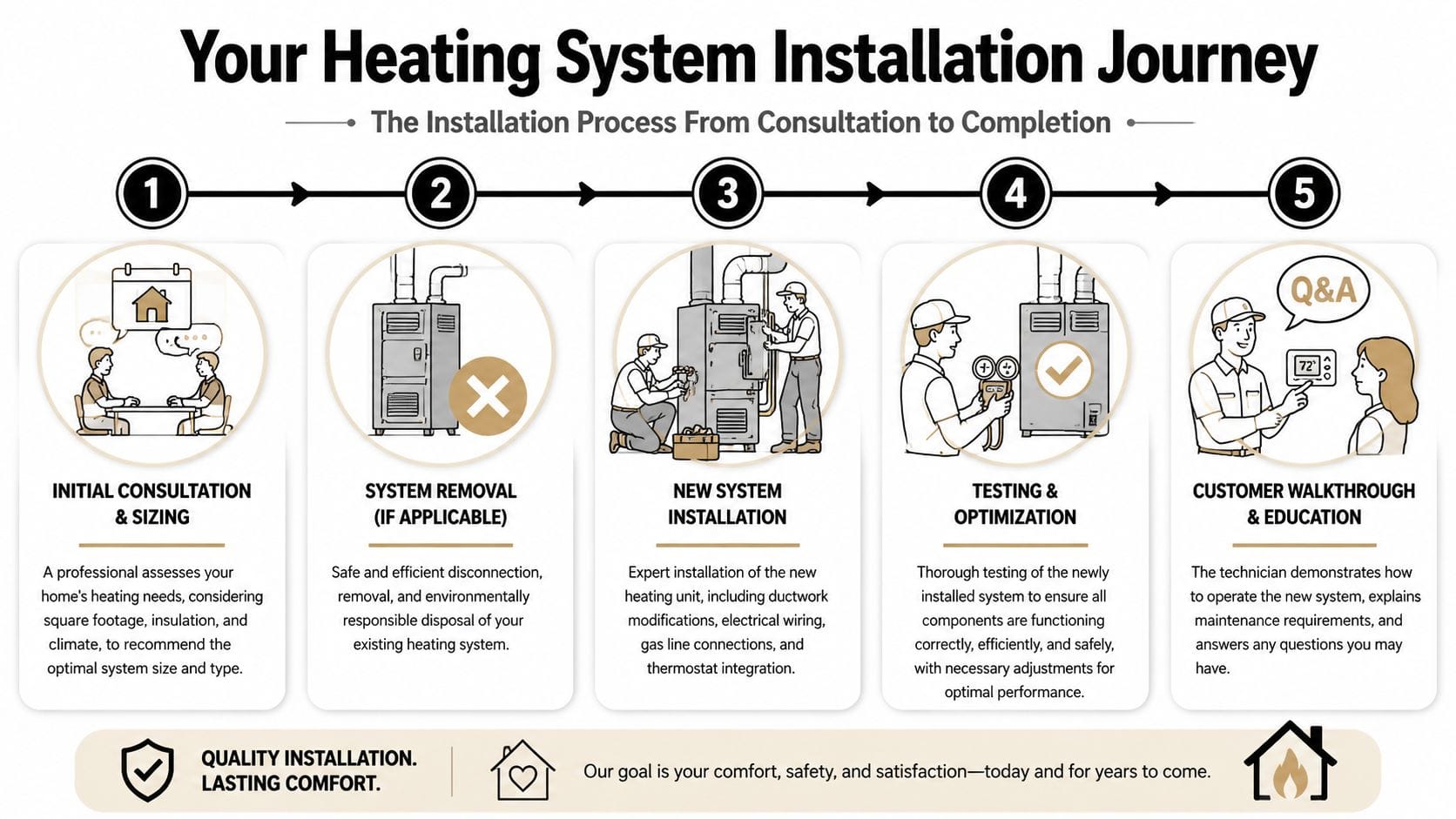 An infographic detailing the five-step process of professional heating system installation from consultation to customer walkthrough.