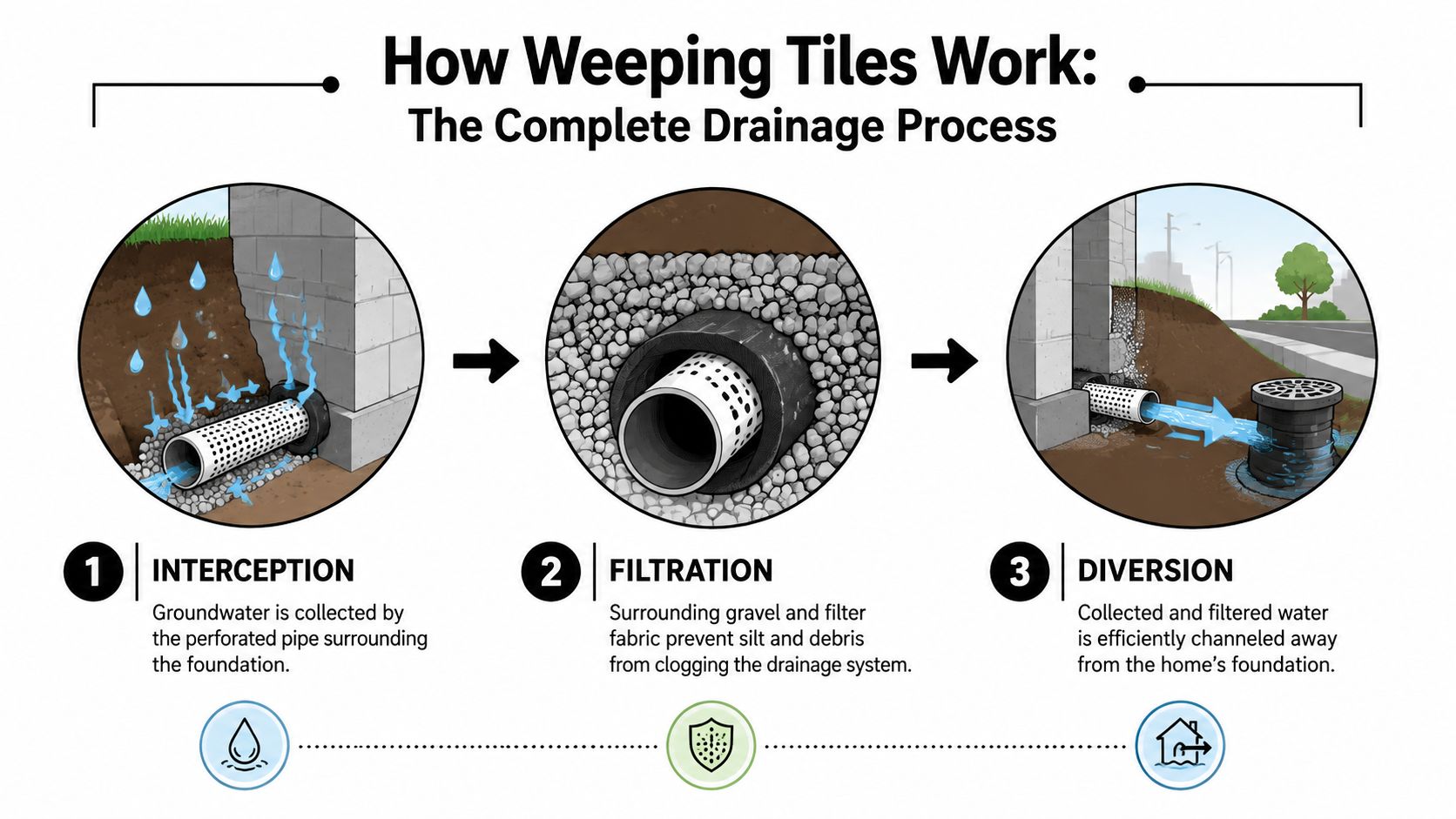 A diagram illustrating the three steps of the weeping tile drainage process: interception, filtration, and diversion.