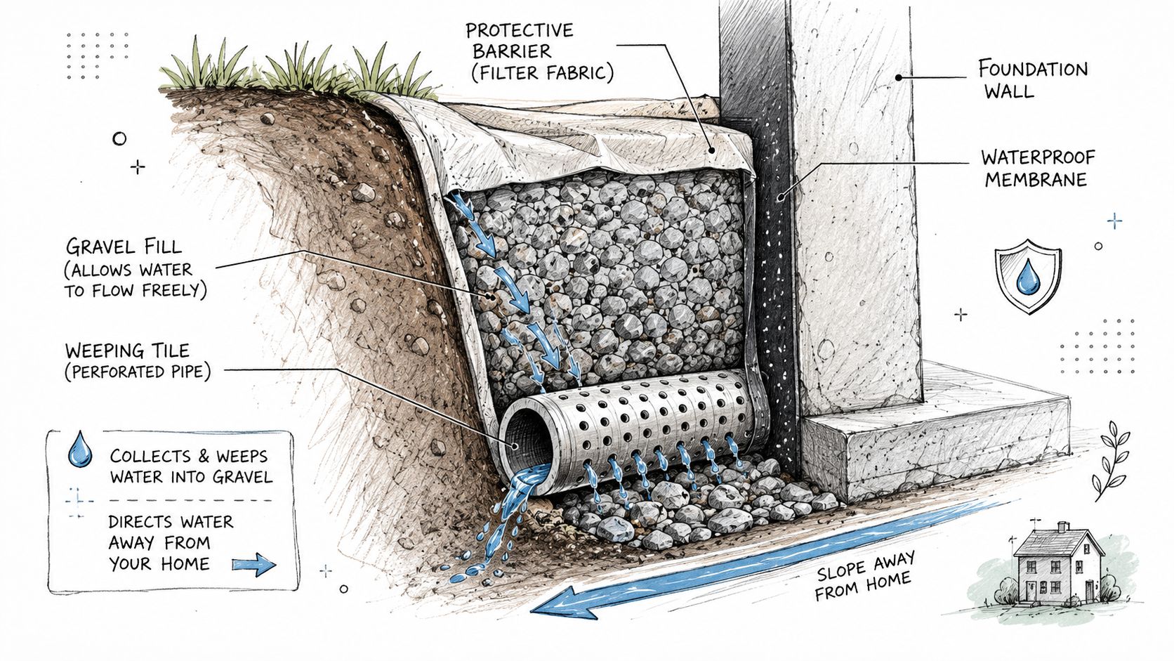 A diagram showing a foundation wall with gravel, a perforated pipe, and a protective filter fabric membrane.