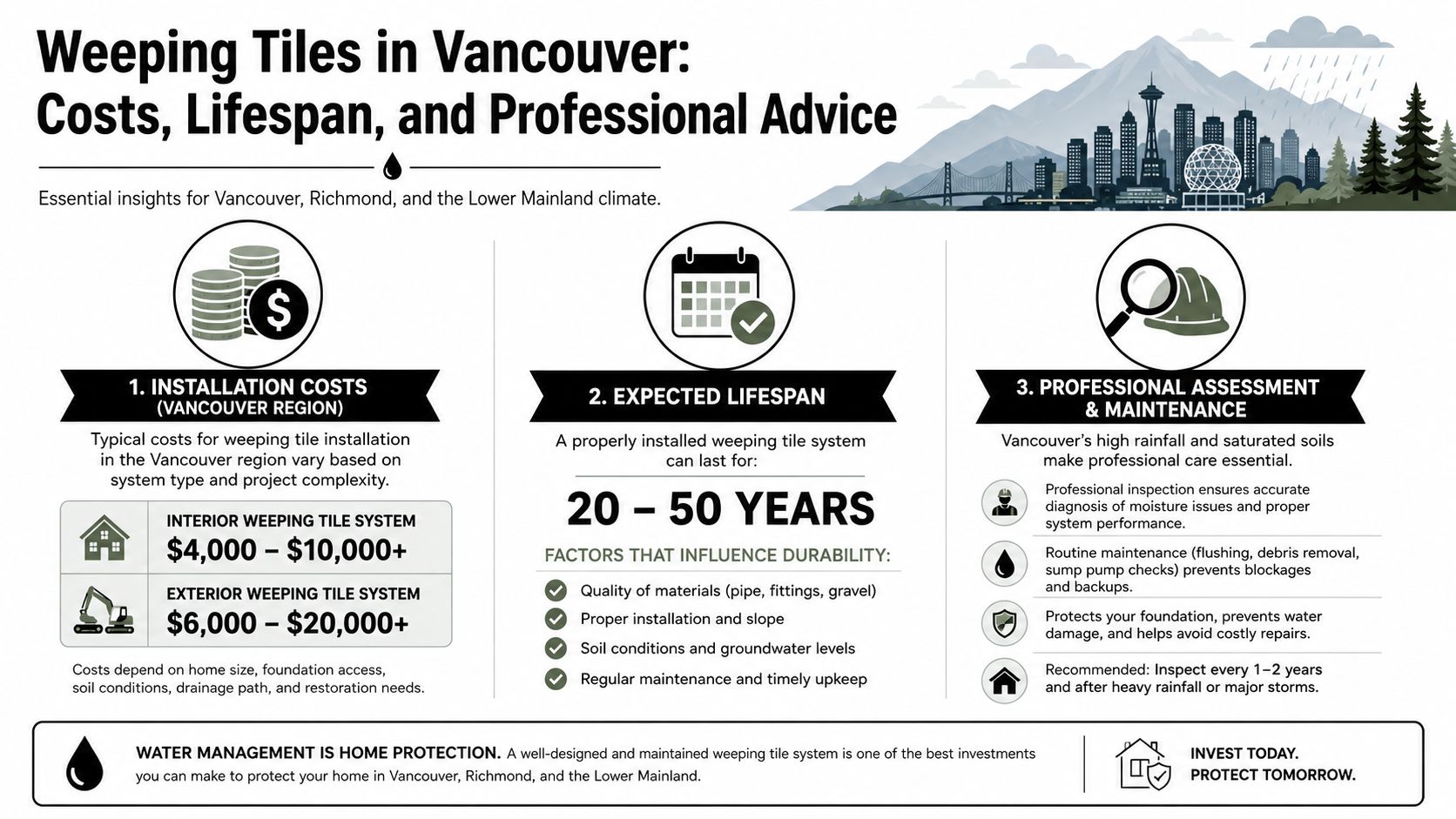 An infographic detailing weeping tile installation costs, expected lifespan, and maintenance requirements for Vancouver homeowners.
