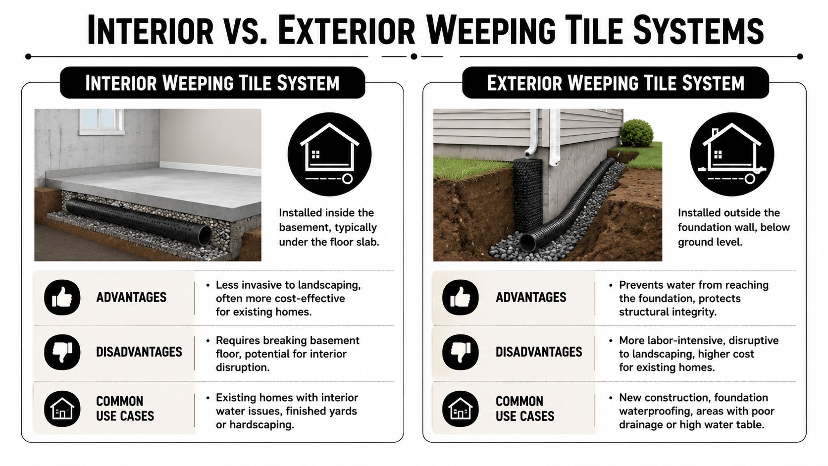 A comparison infographic showing the installation methods, pros, and cons of interior versus exterior weeping tile systems.