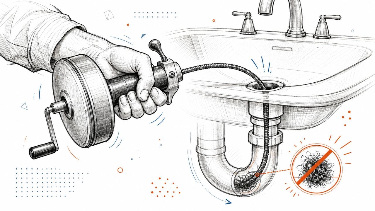 A hand using a drain snake tool to remove a hair clog from a bathroom sink pipe.