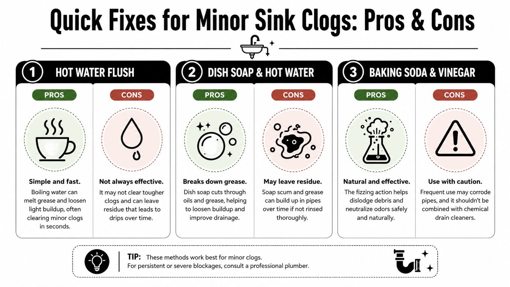 An infographic detailing pros and cons of using hot water, dish soap, or baking soda for sink clogs.