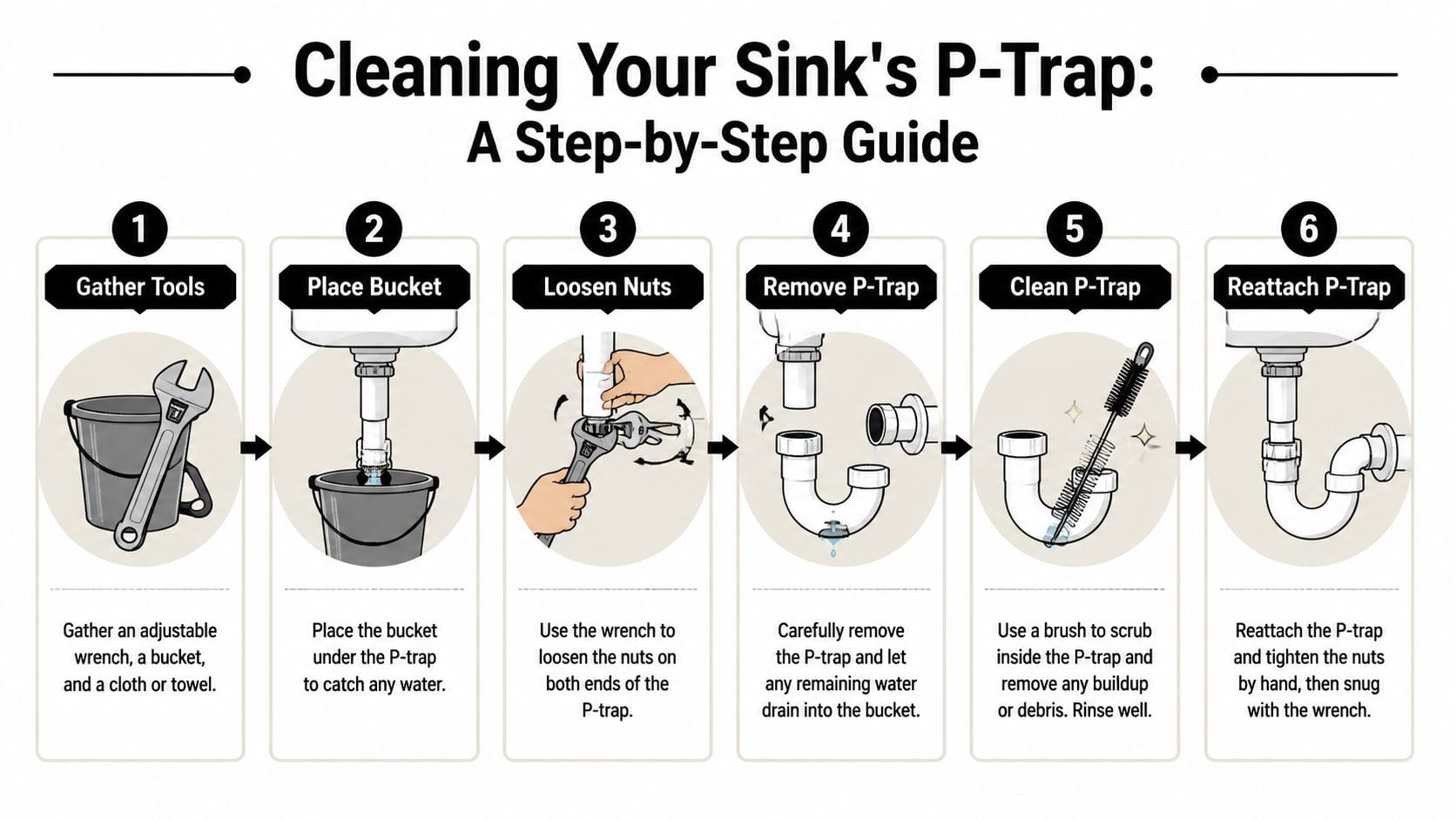 A step-by-step infographic showing how to clean a sink P-trap using simple plumbing tools and techniques.