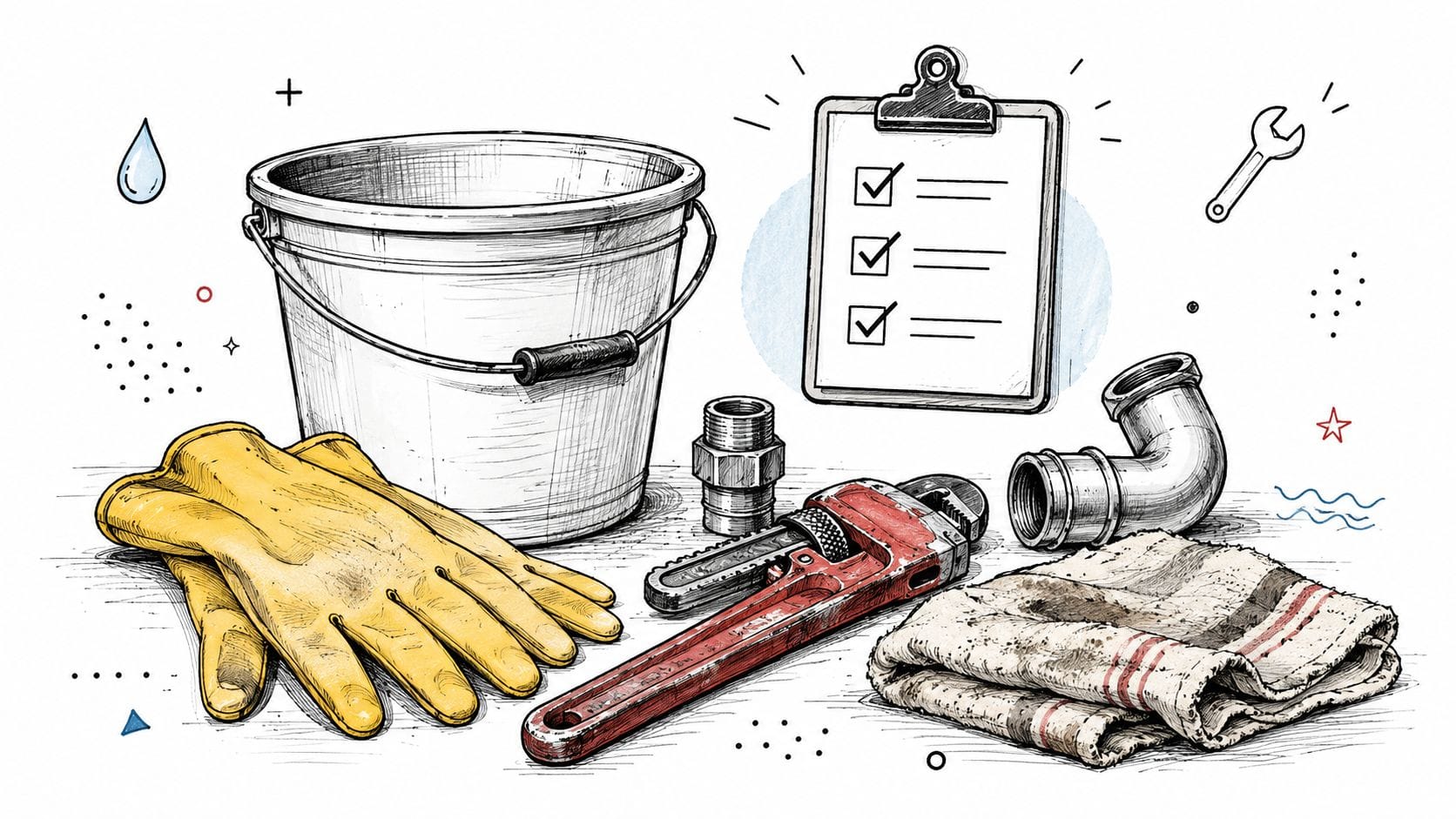 A hand-drawn illustration featuring a bucket, plumbing tools, a checklist, and gloves for sink repair tasks.
