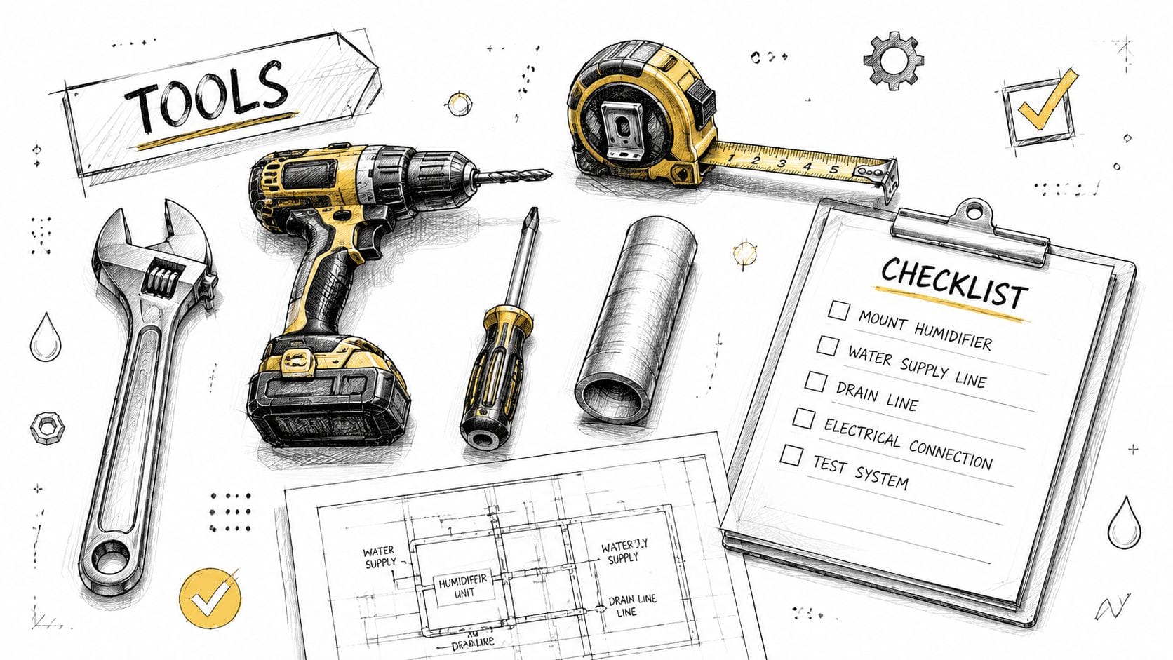 A hand-drawn illustration showing construction tools, a floor plan, and a humidifier installation checklist.