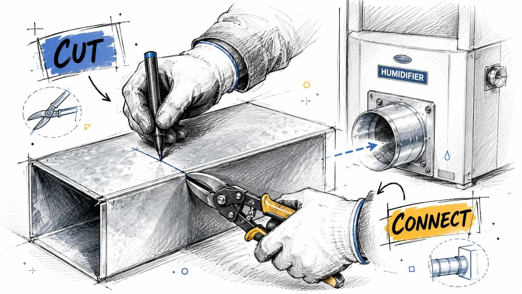 A professional illustration showing the step-by-step process of marking and cutting HVAC ductwork for humidifier installation.