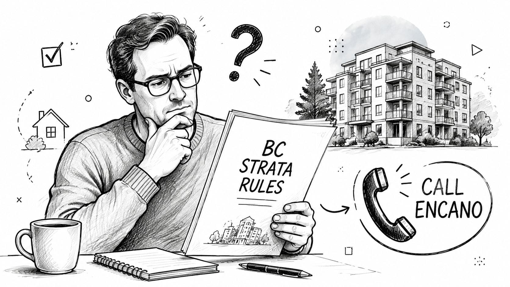 A man studying BC strata rules documentation with an apartment building illustration in the background.