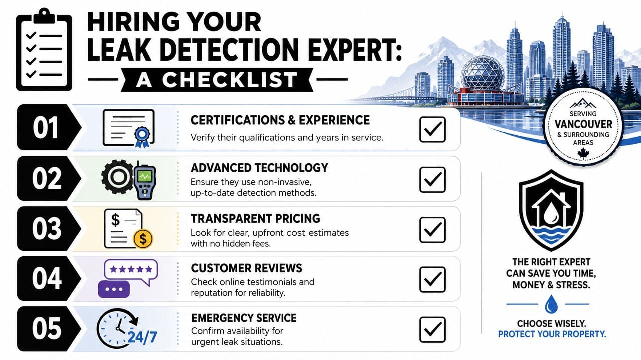 A checklist infographic outlining five essential steps for hiring a professional leak detection service expert.