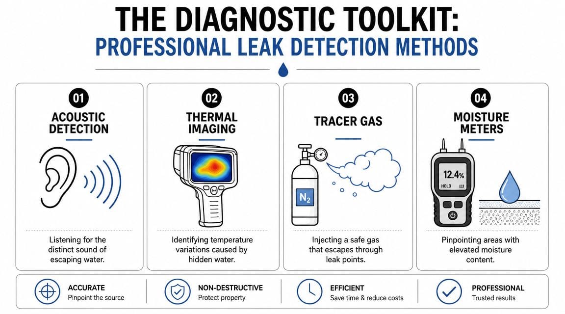 A diagnostic toolkit infographic showing four professional water leak detection methods, including acoustic, thermal, tracer gas, and moisture.