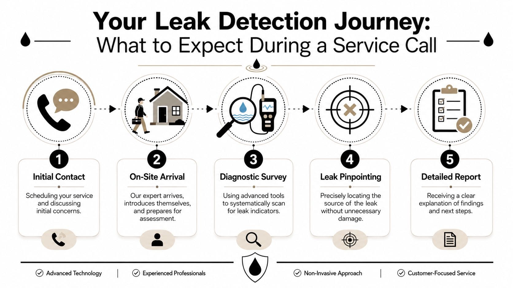 A flowchart infographic detailing the five-step process of professional home and commercial leak detection services.
