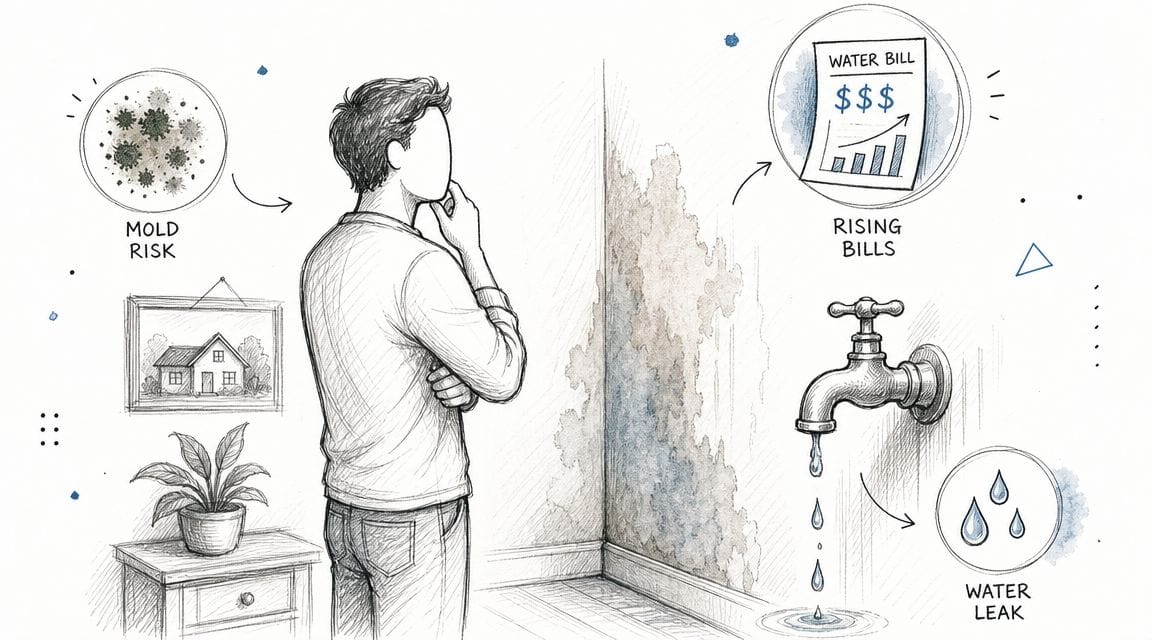A man looks at a water-damaged wall, considering the risks of mold, rising utility bills, and leaks.