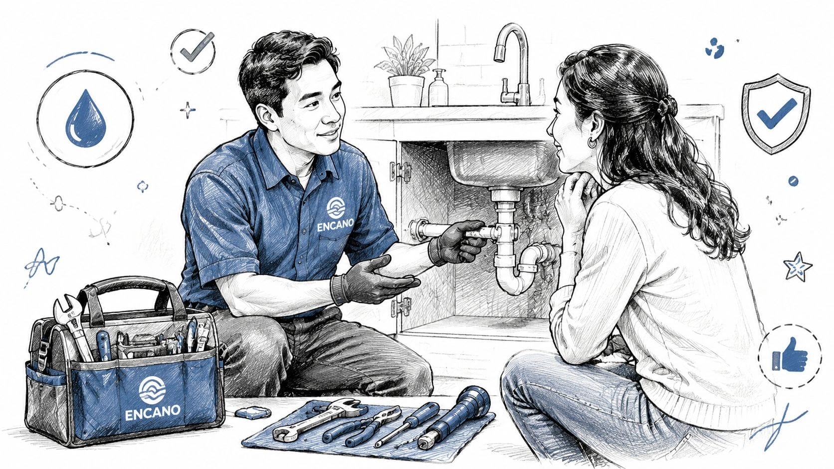 A professional plumber from Encano discussing sink pipe repairs with a homeowner in her kitchen.