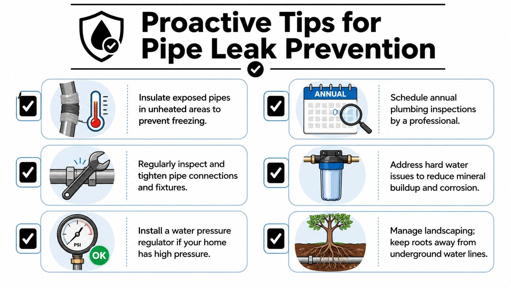 An infographic titled Proactive Tips for Pipe Leak Prevention featuring six illustrated steps for maintaining residential plumbing systems.