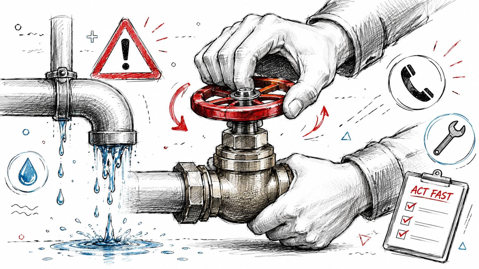 A detailed illustration of a person turning a red valve to stop water leaking from a pipe.