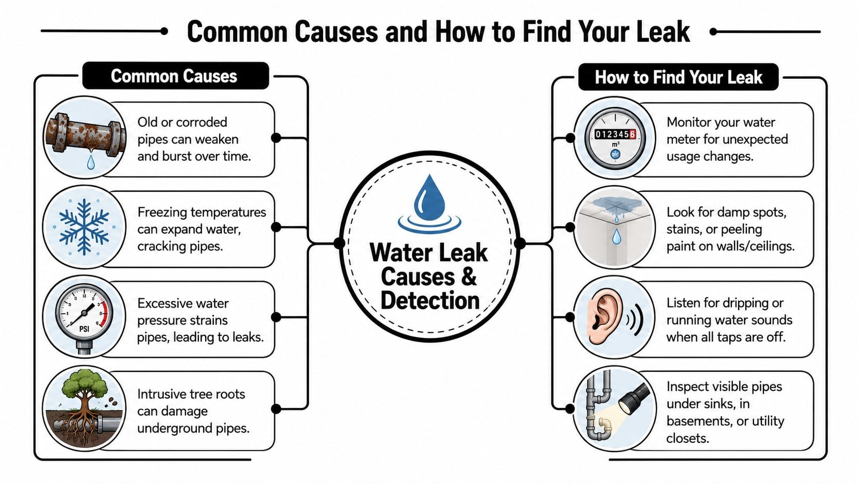 An infographic illustrating common causes of water leaks and practical tips for detecting household plumbing leaks.