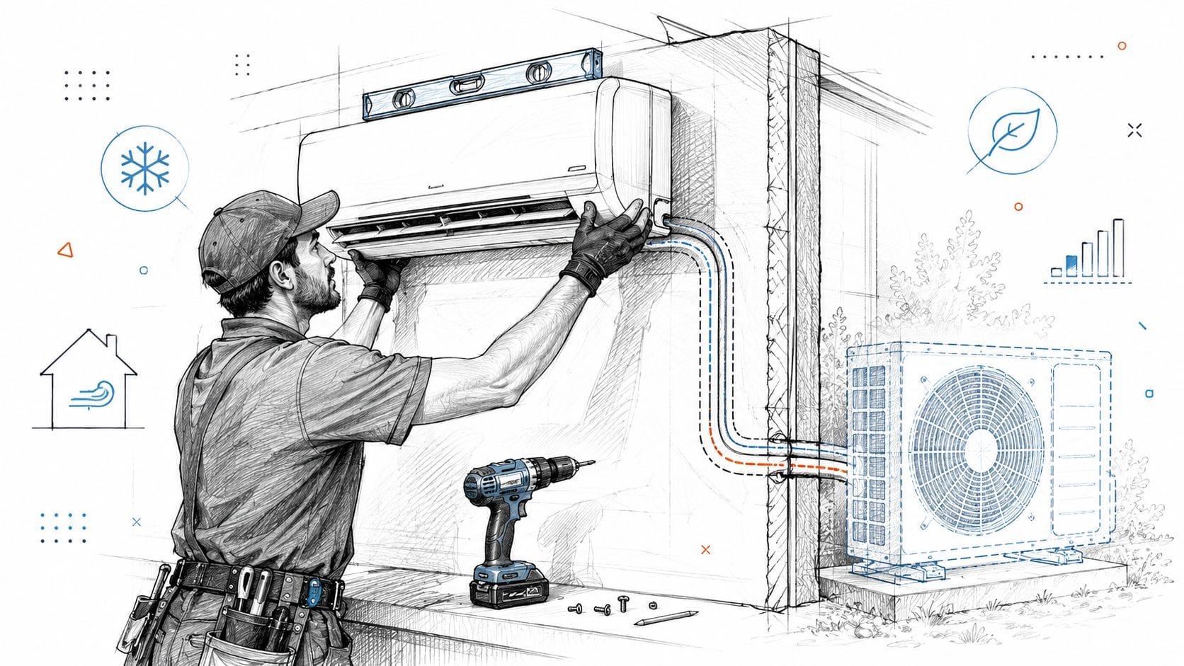 A professional technician installing a mini split air conditioning unit on a wall with tools nearby.
