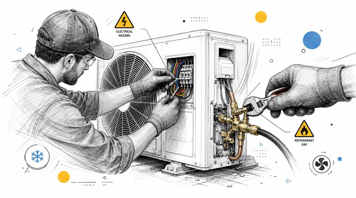 A technician performing electrical and refrigerant maintenance on an outdoor mini split air conditioning unit.