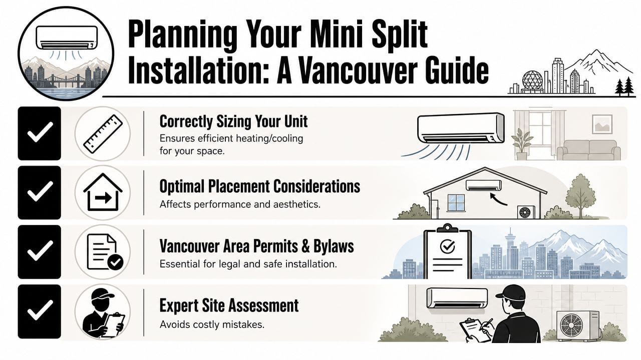 A guide infographic detailing four key steps for planning a mini split heat pump installation in Vancouver.