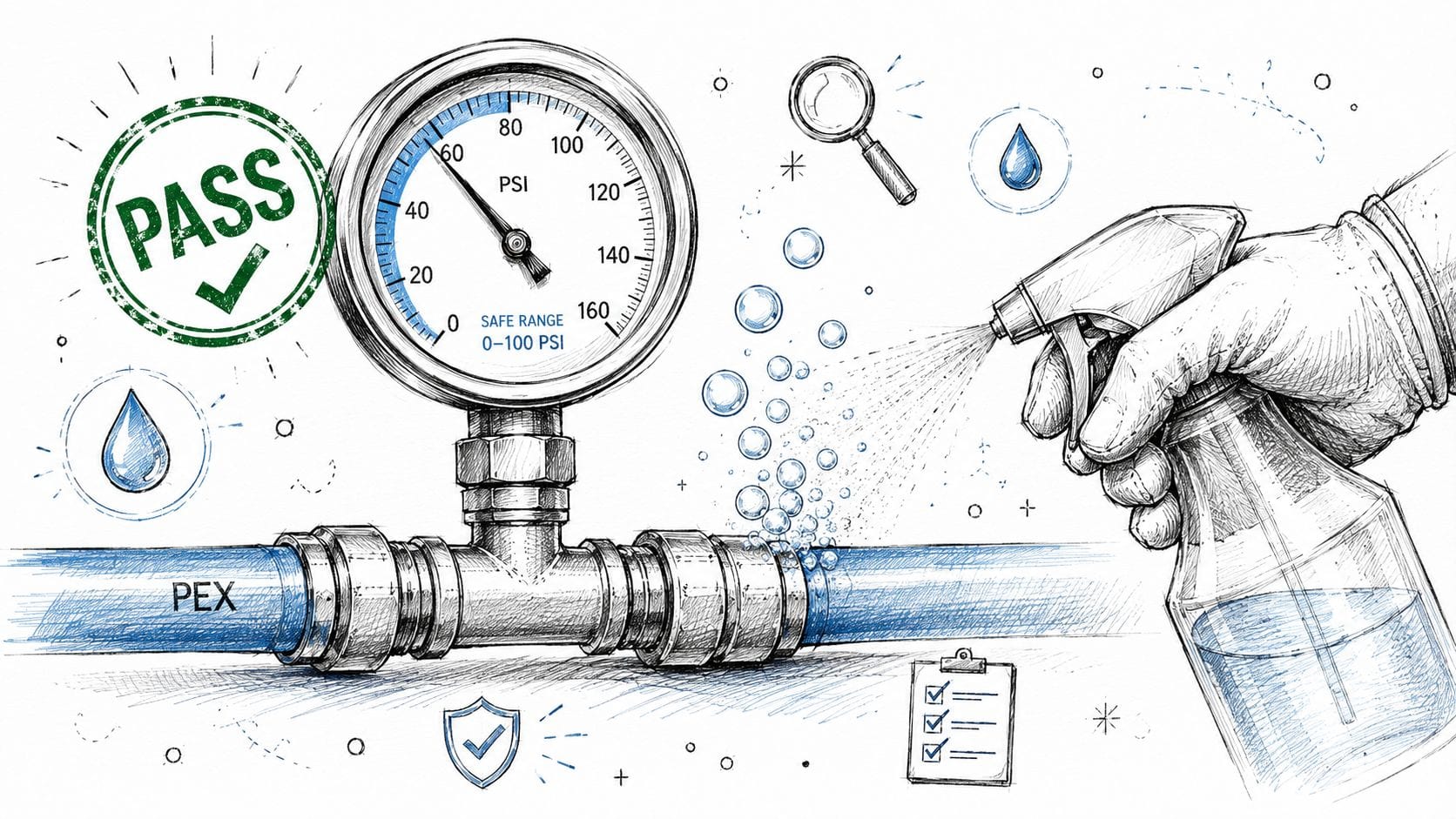 A hand using a spray bottle to test a PEX tubing pipe connection for potential leaks
