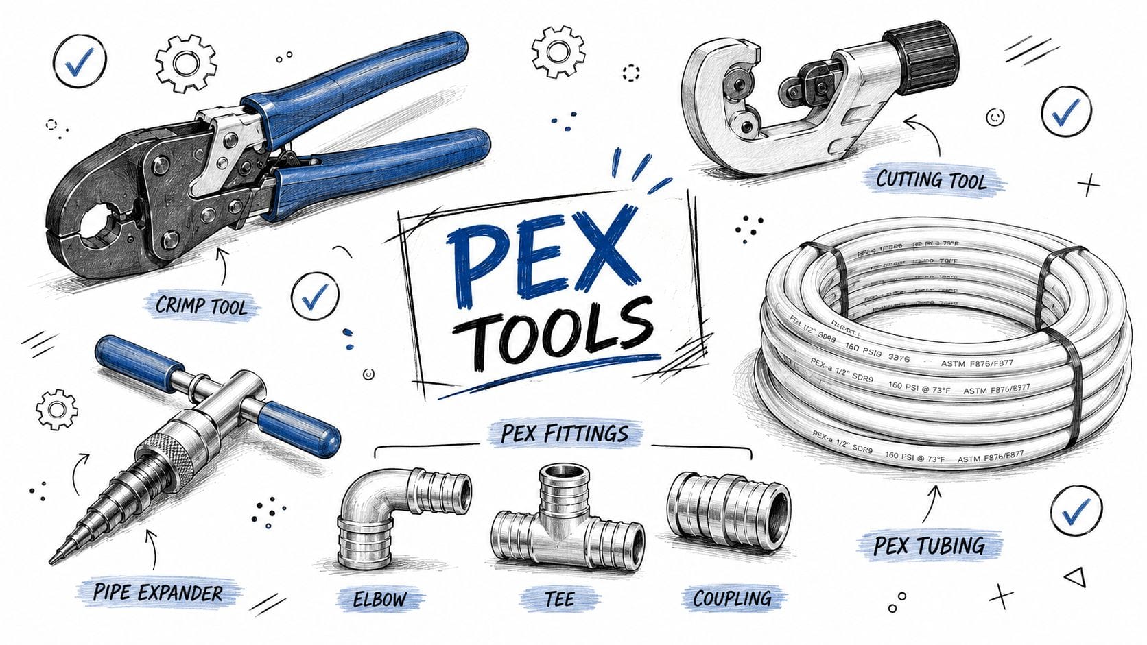 A collection of PEX tubing installation tools and fittings including a crimp tool, cutter, expander, and connectors.