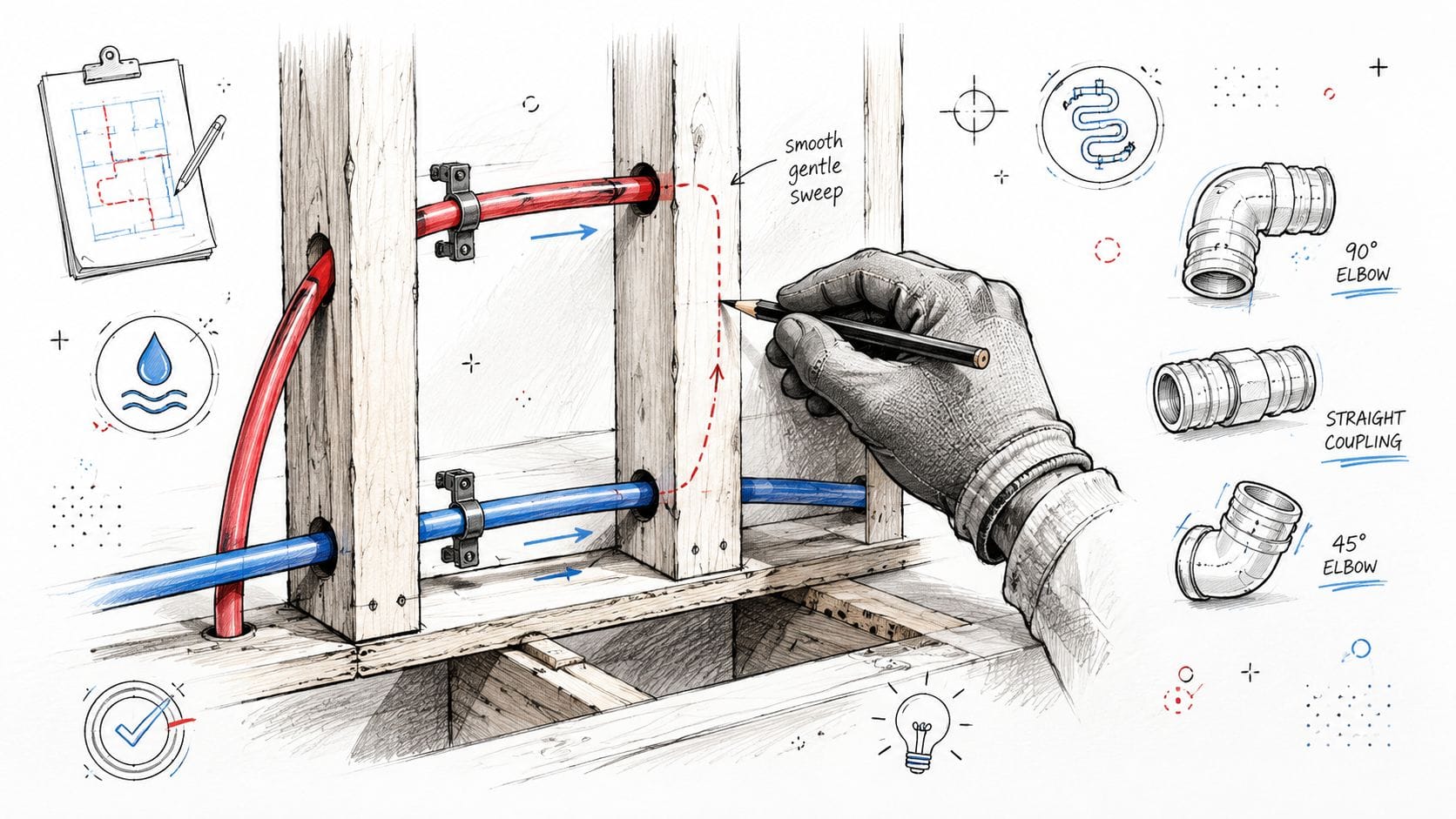 A gloved hand drawing a smooth sweep for PEX tubing installation between wooden wall studs.