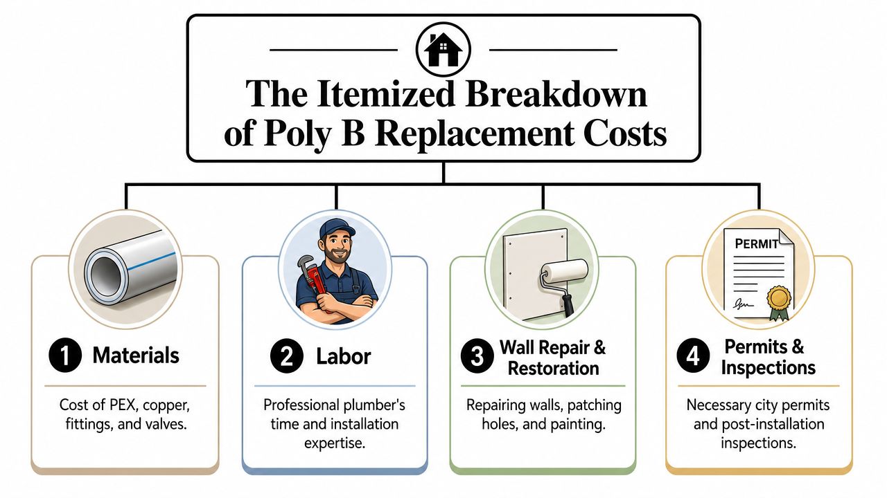 An infographic showing the four itemized categories that contribute to the total cost of replacing Poly B pipes.