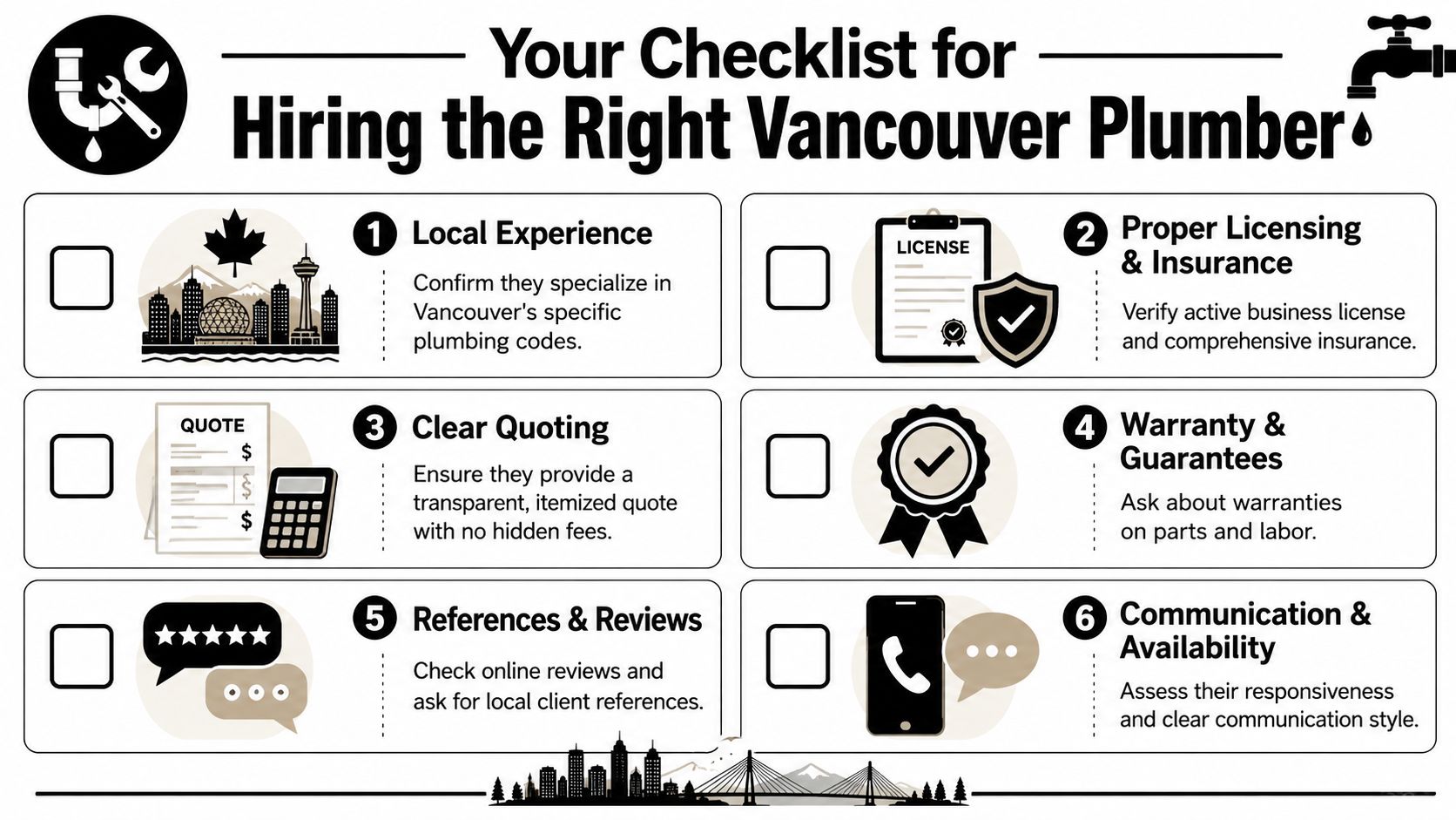 A checklist infographic for hiring a professional plumber in Vancouver with six essential verification steps.