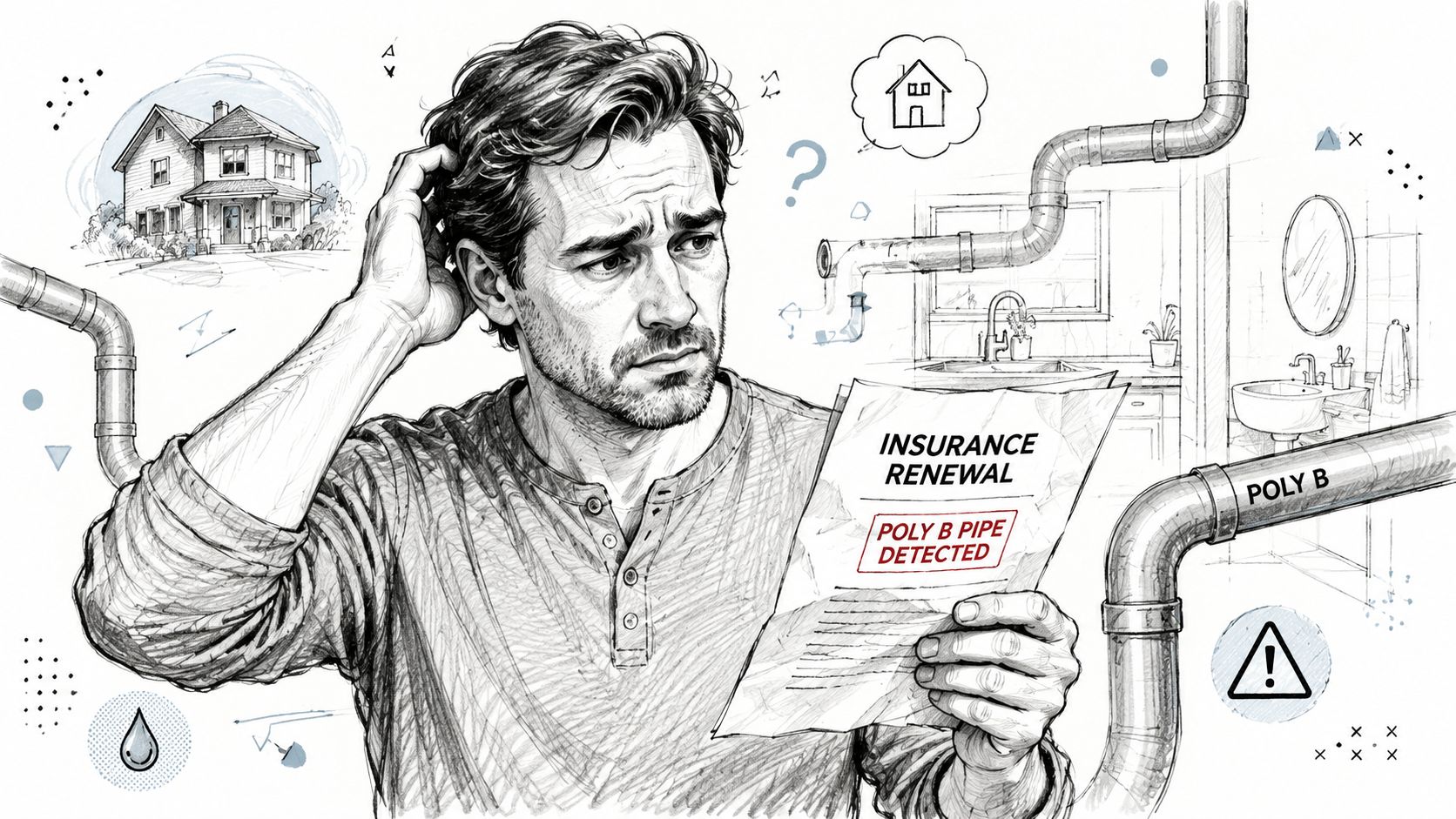 A concerned man reviewing an insurance renewal document stating Poly B pipe detected in his home.