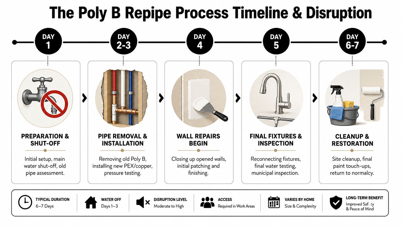 A timeline graphic illustrating the step-by-step process of replacing Poly B pipes in a home over seven days.