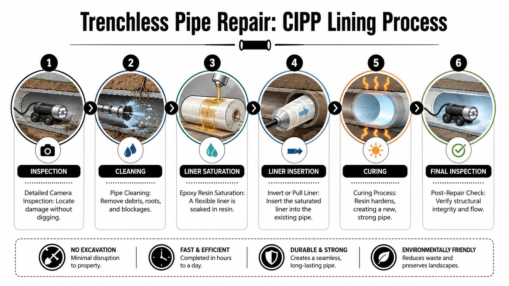 A six-step infographic illustrating the CIPP trenchless pipe repair process from initial inspection to final verification.