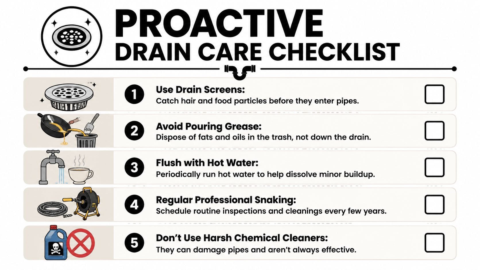 A proactive drain care checklist infographic illustrating five essential tips for maintaining clean and functional home pipes.