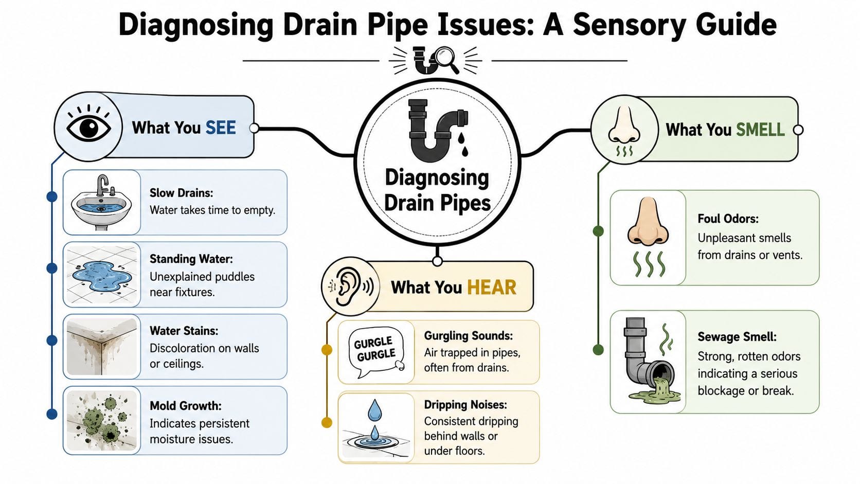 An infographic titled Diagnosing Drain Pipe Issues illustrating sensory indicators like sight, sound, and smell.