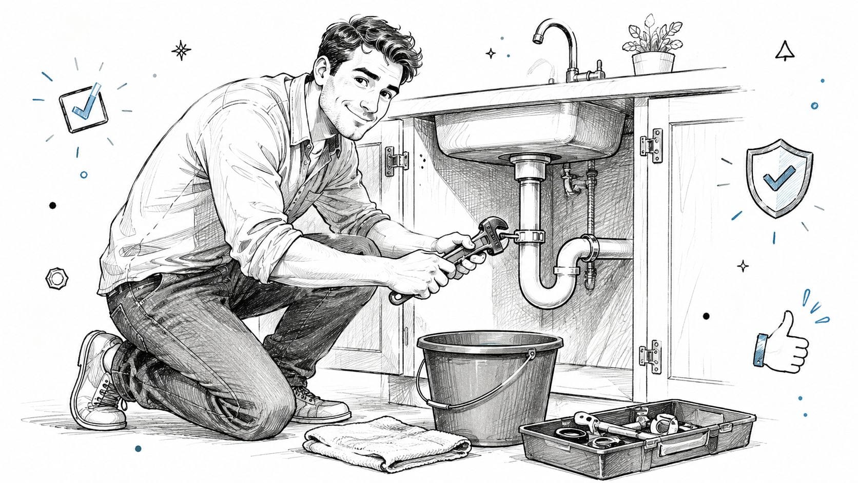 A professional plumber smiling while kneeling and using a wrench to repair under-sink drain pipes.