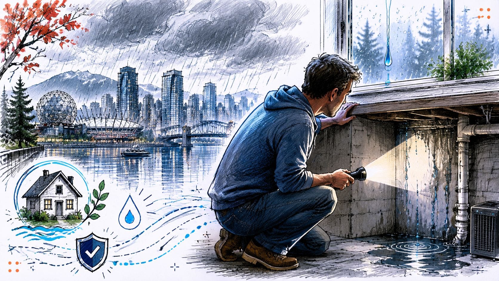 A man inspecting a water leak in a basement with a flashlight during a rainy day.