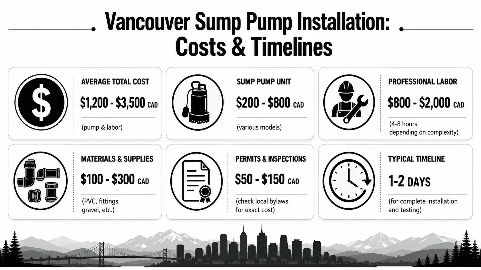 An infographic showing the estimated costs and timelines for sump pump installation in Vancouver, Canada.