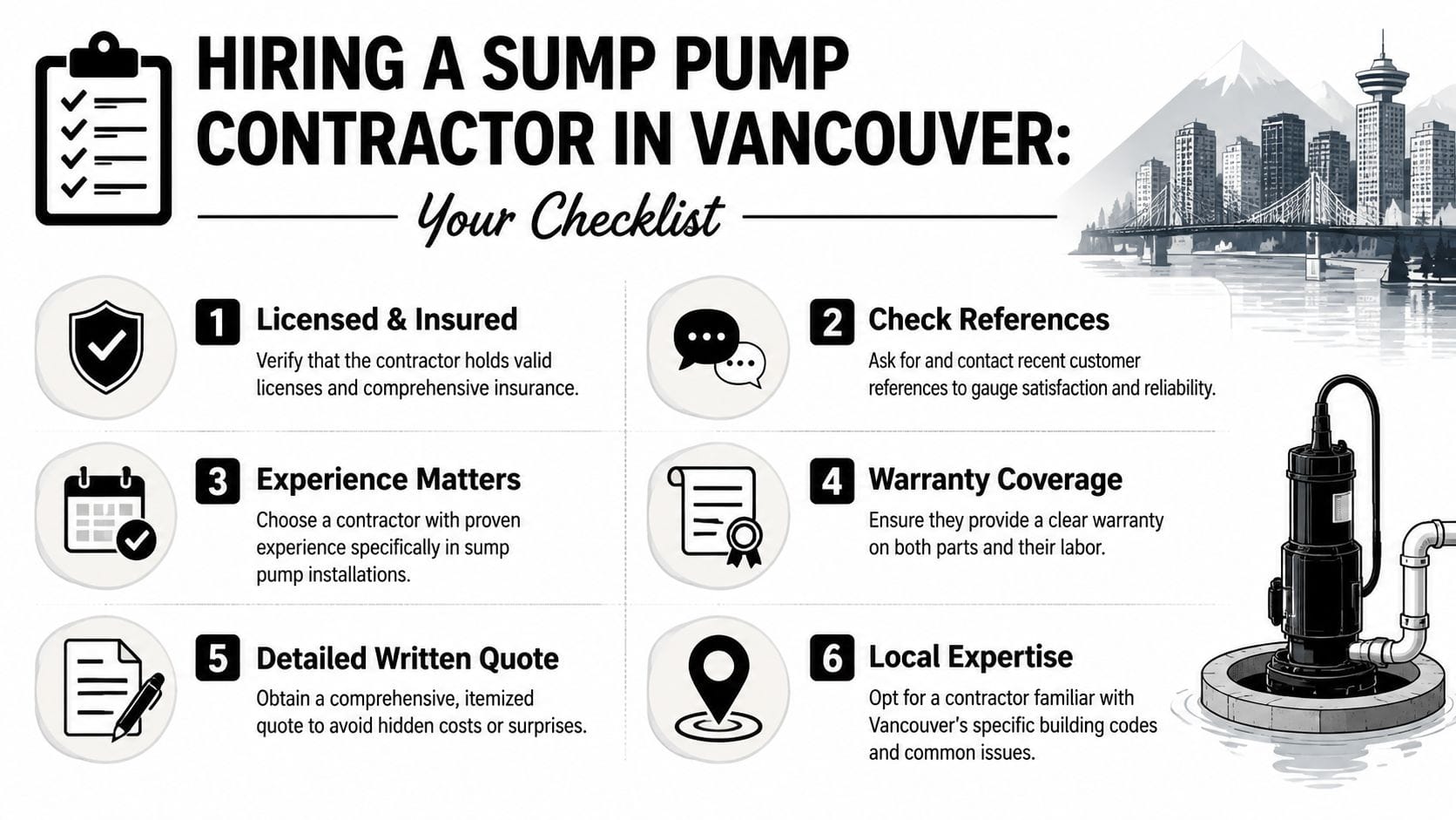A checklist infographic providing six essential tips for hiring a professional sump pump contractor in Vancouver.