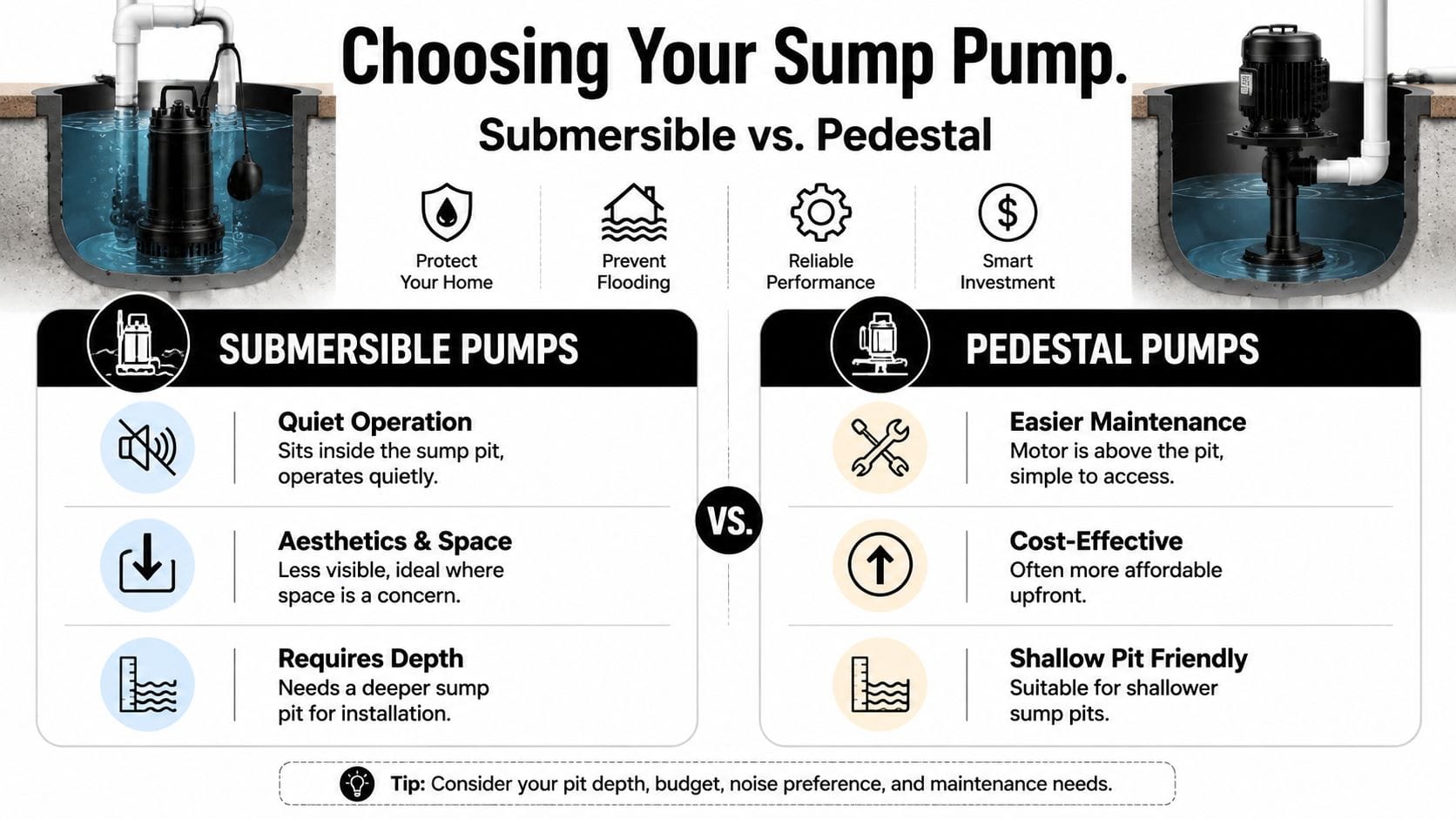 A comparison infographic between submersible and pedestal sump pumps detailing the pros and cons of each type.