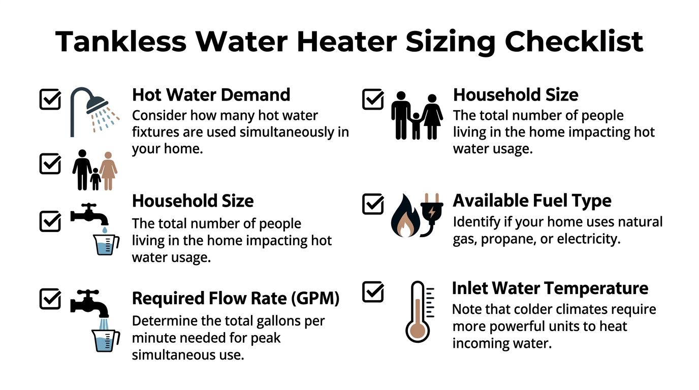 A checklist infographic outlining key factors for sizing a tankless water heater for residential use.