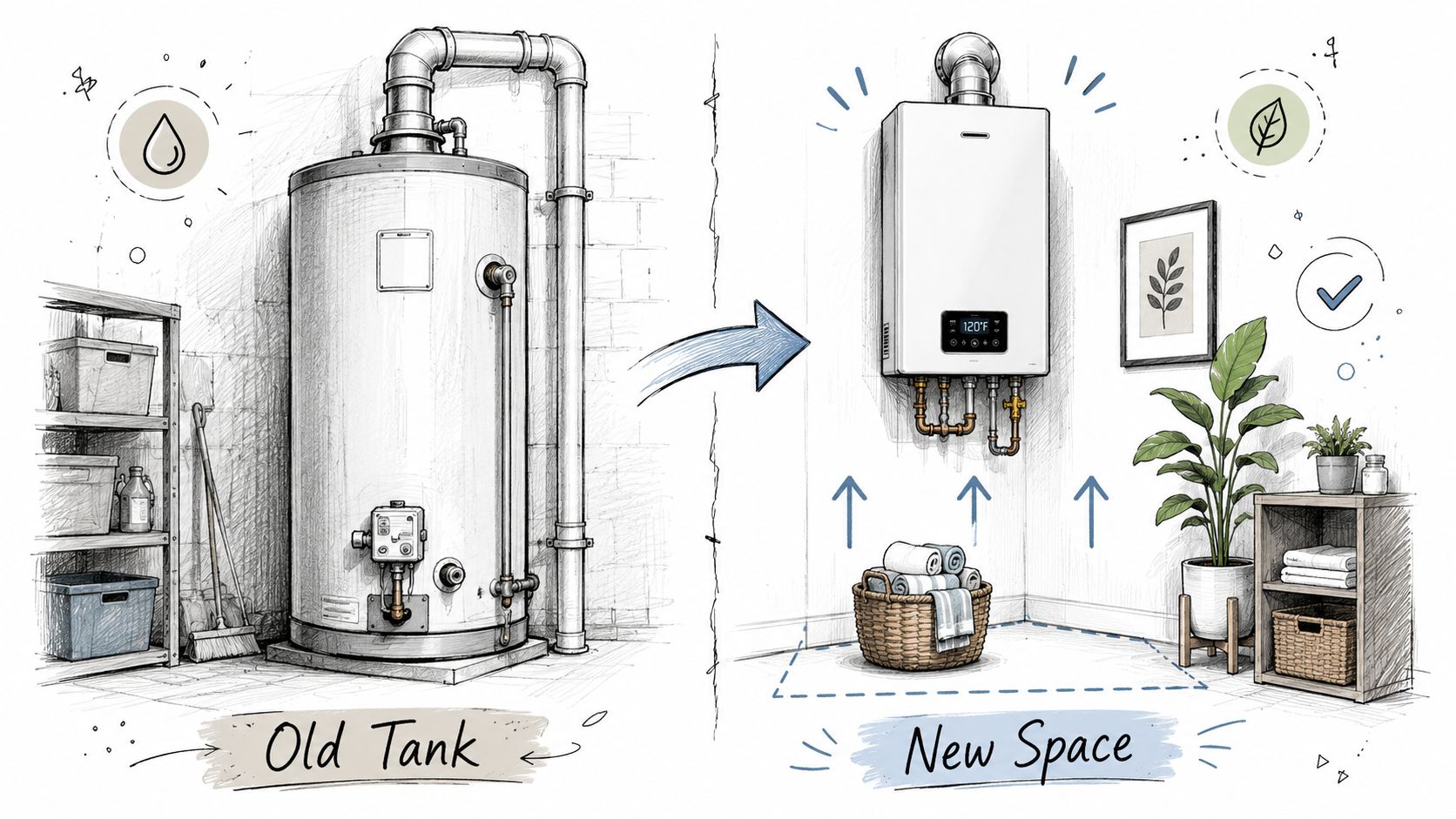 A split illustration comparing a traditional bulky water heater tank with a modern wall-mounted tankless water heater.