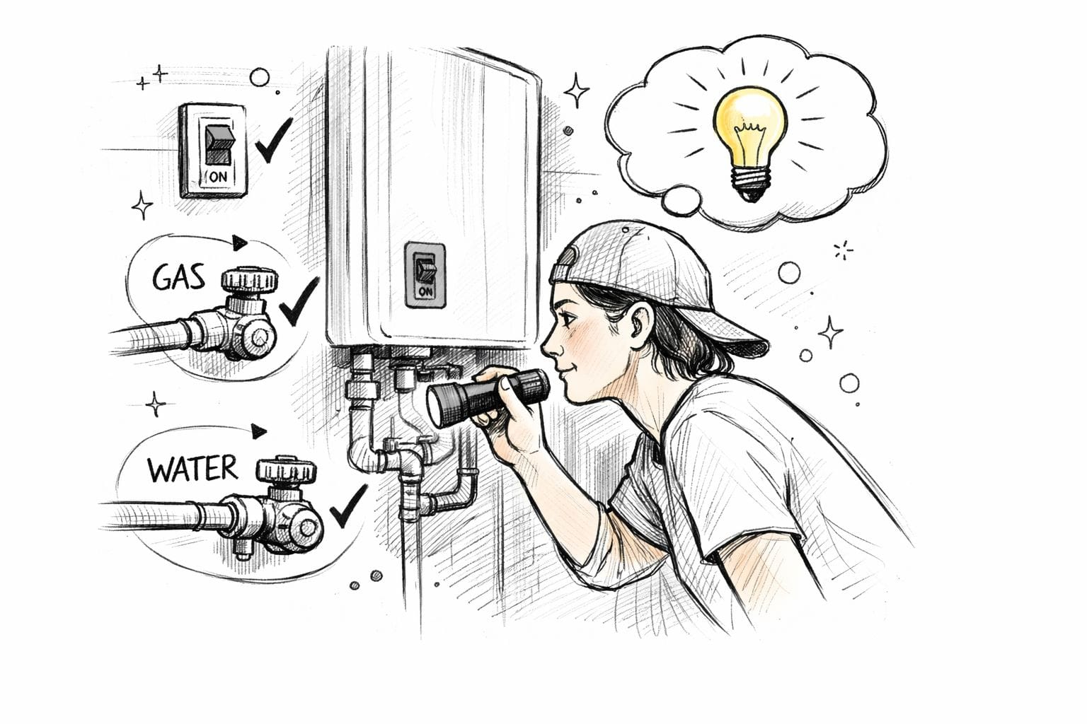 A technician using a flashlight to inspect a tankless water heater while checking gas and water connections.