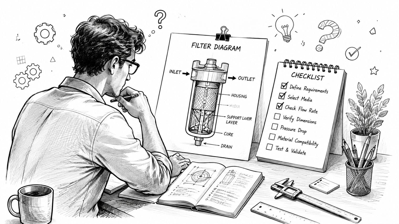 A professional engineer studying a filter diagram and a task checklist at a cluttered office desk.