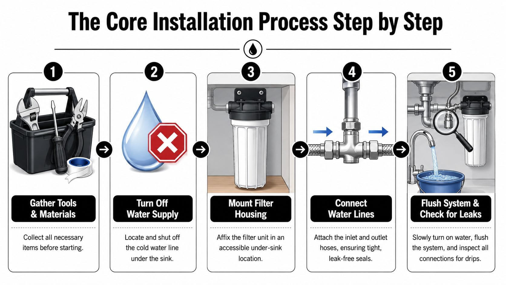 A step-by-step infographic showing how to install an under sink water filter system in five stages.