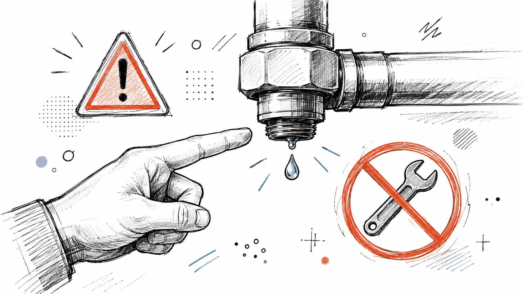 A hand pointing at a dripping plumbing pipe connection with a warning sign and no wrench symbol.