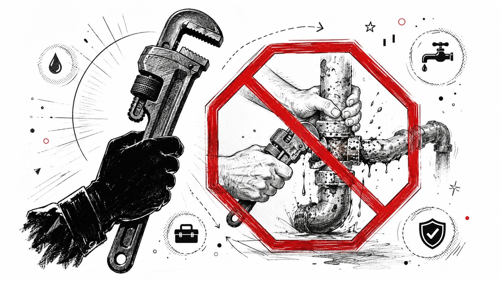 A conceptual illustration showing a plumber's wrench and a restricted leaking pipe with warning symbols.